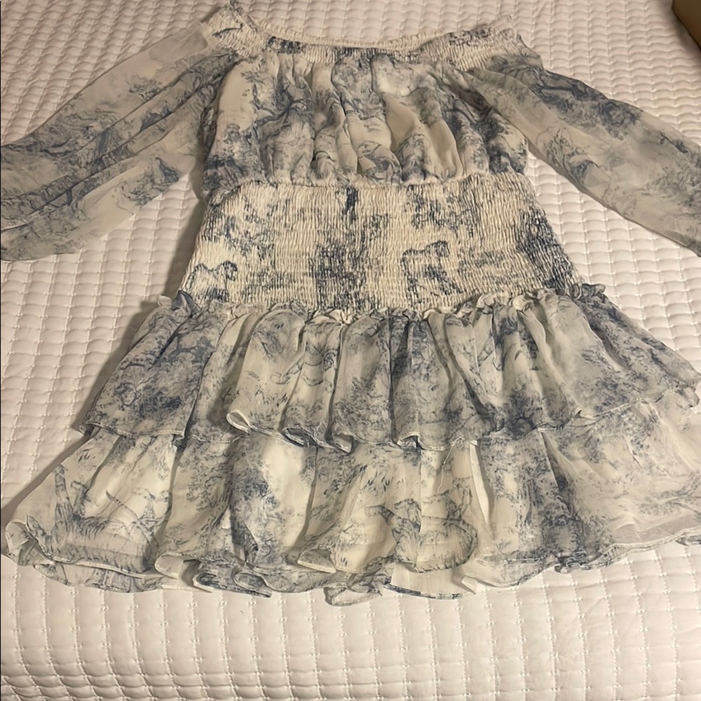 Blue and White Off-Shoulder Dress